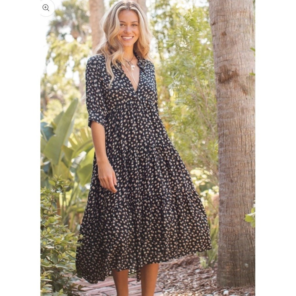 Natural Life Rebecca Midi Dress Black Cream Roses Floral Tiered High Low XL